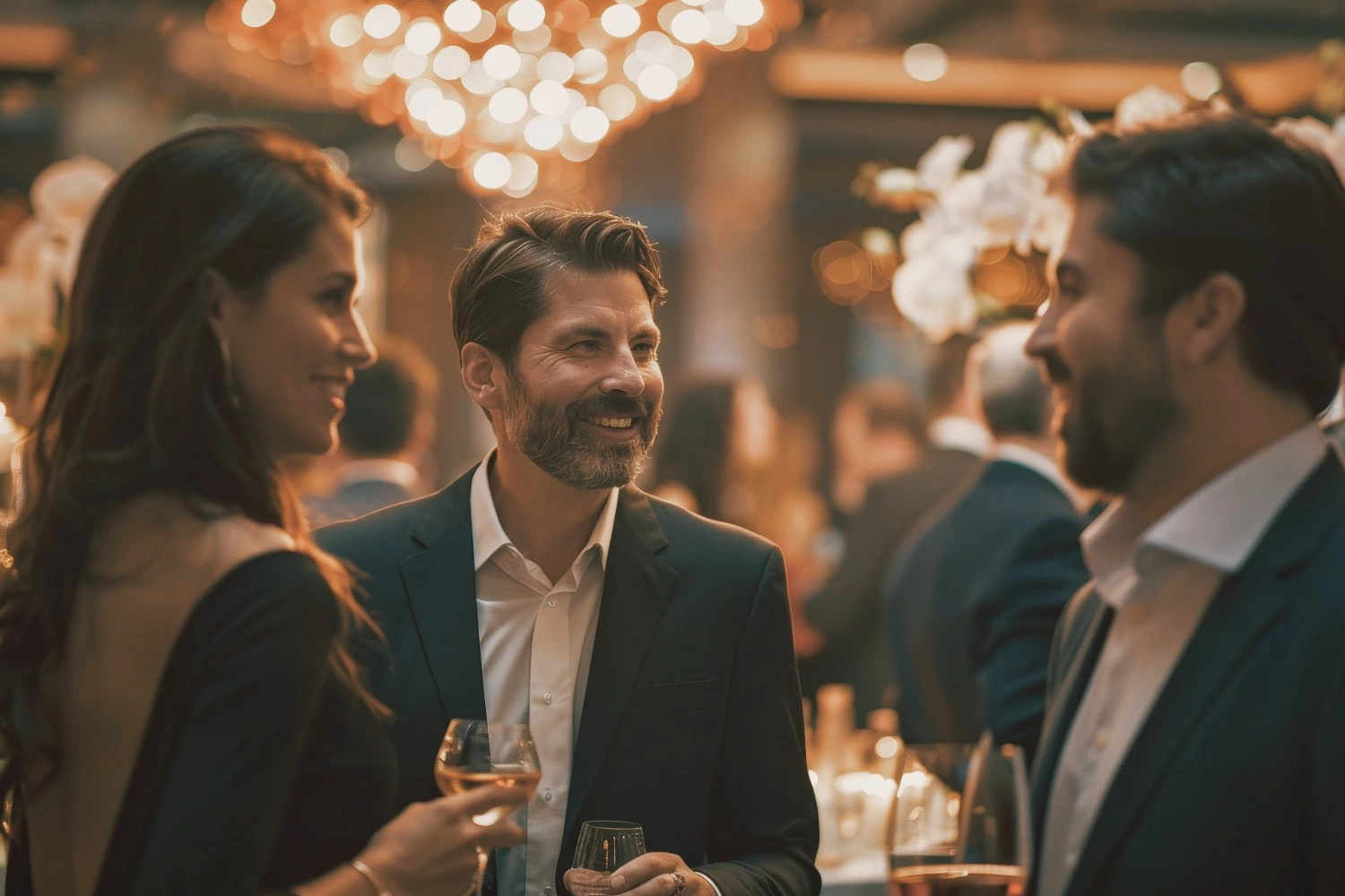 Three guests in evening wear talk over wine at an elegant reception.