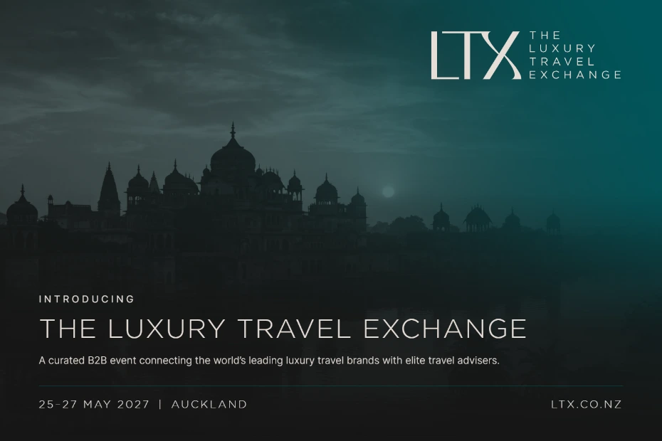 A twilight skyline of domed towers under the LTX logo, introducing The Luxury Travel Exchange, 25–27 May 2027 in Auckland.